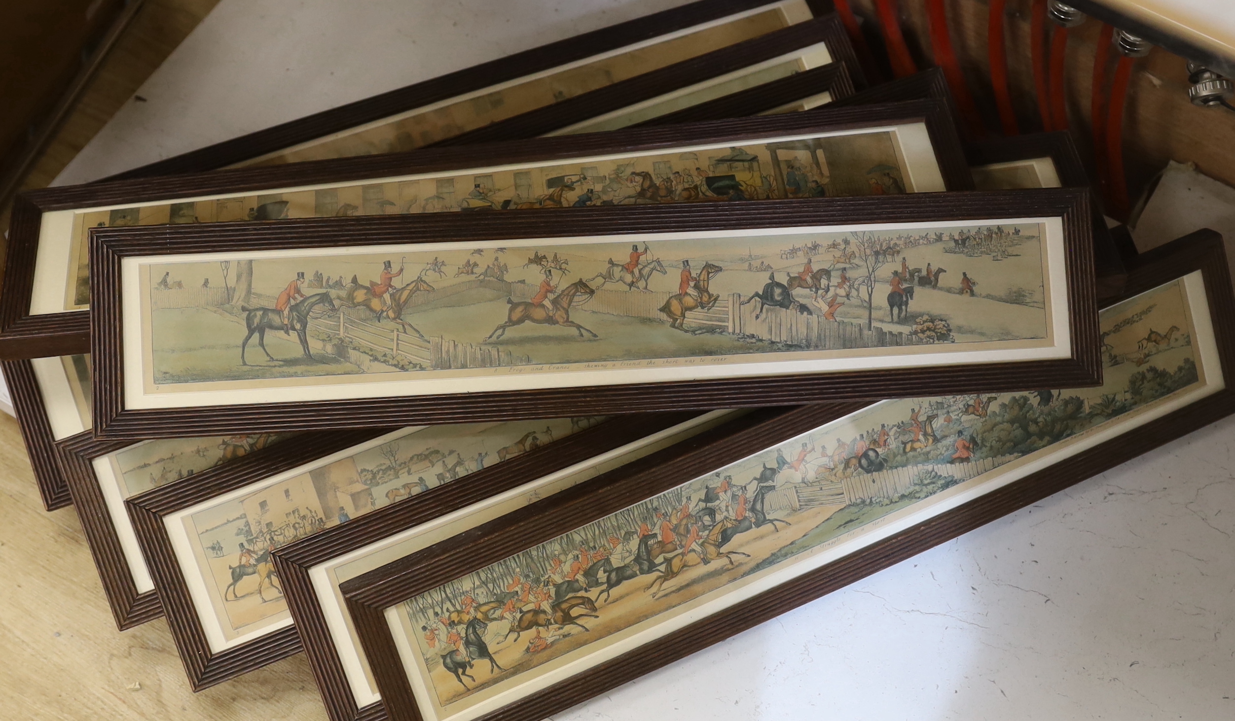 After Henry Thomas Alken (1785-1851) set of twelve 19th century colour prints, Panoramic coaching and hunting scenes, including 'Doing a bit of city', publ. S & L Fuller, London 1822, 54 x 8.5cm